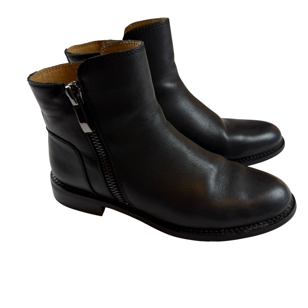 Franco Sarto Harmona Black Leather Ankle Boots Womens 6.5M Side Zip Low Heel